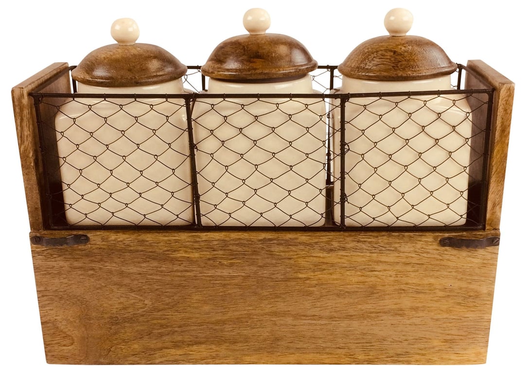Wooden Cabinet With Drawer Storage & 3 Ceramic Jars - Kitchen Organizer