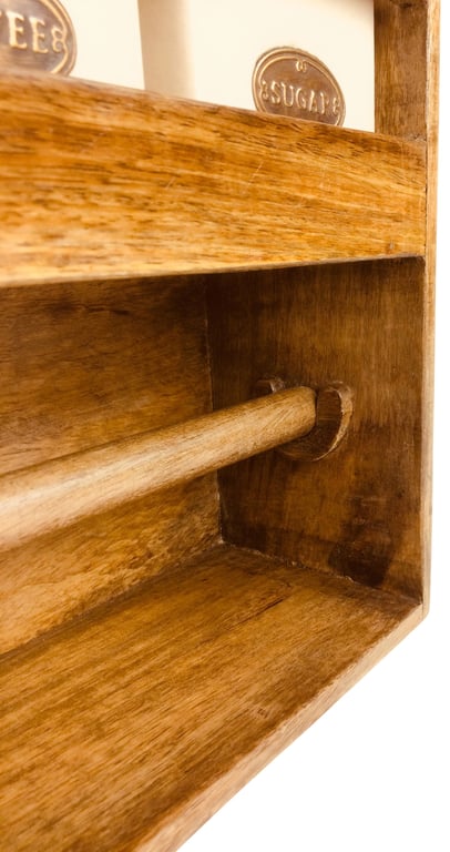 Wooden Kitchen Roll Holder with 3 Air-Tight Ceramic Jars (TEA, COFFEE & SUGAR) - Wall Mountable Organizer