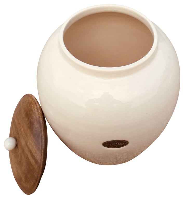 Cream Ceramic Bread Bin with Wood Lid and Glazed Finish - Large Storage Jar for Home Kitchen