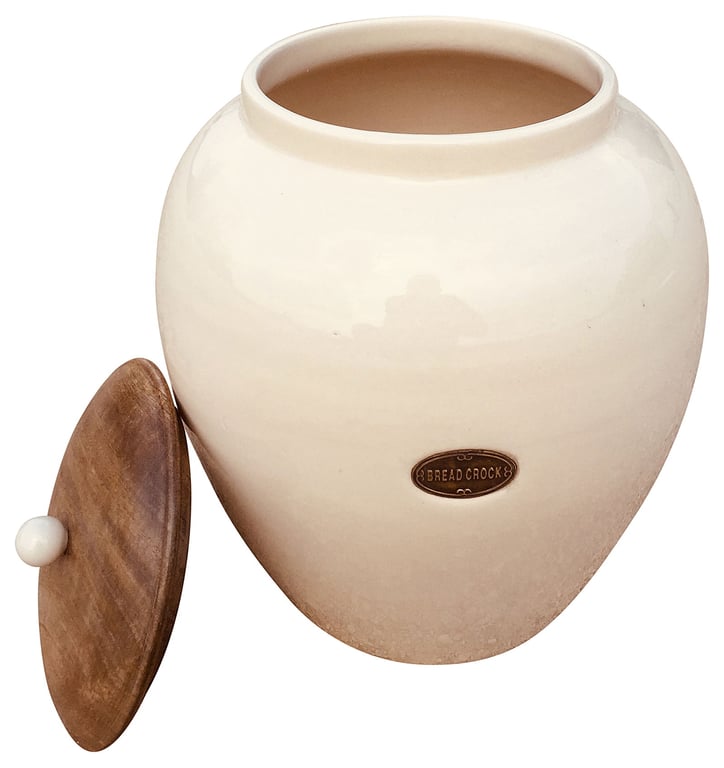 Cream Ceramic Bread Bin with Wood Lid and Glazed Finish - Large Storage Jar for Home Kitchen
