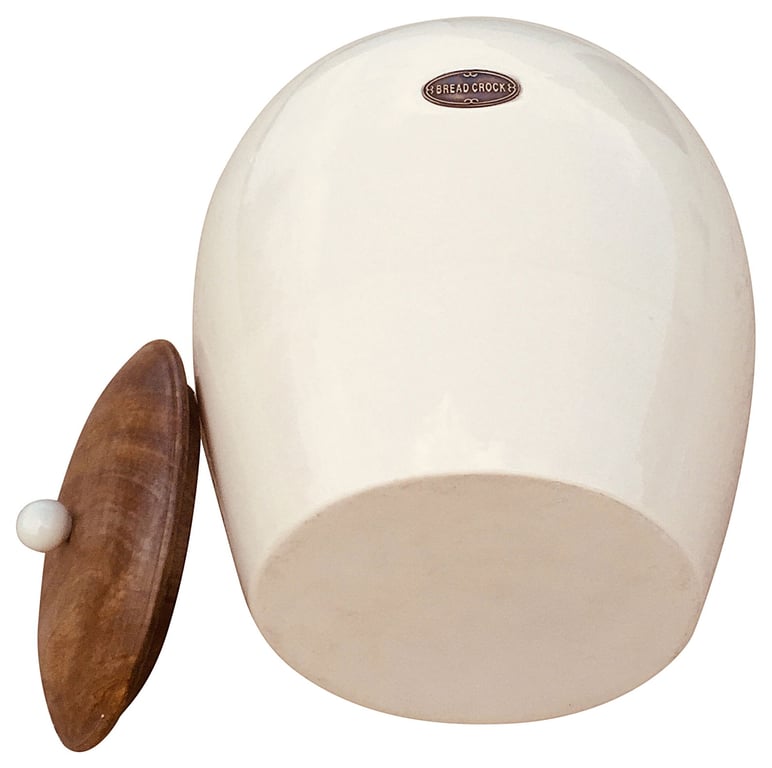Cream Ceramic Bread Bin with Wood Lid and Glazed Finish - Large Storage Jar for Home Kitchen