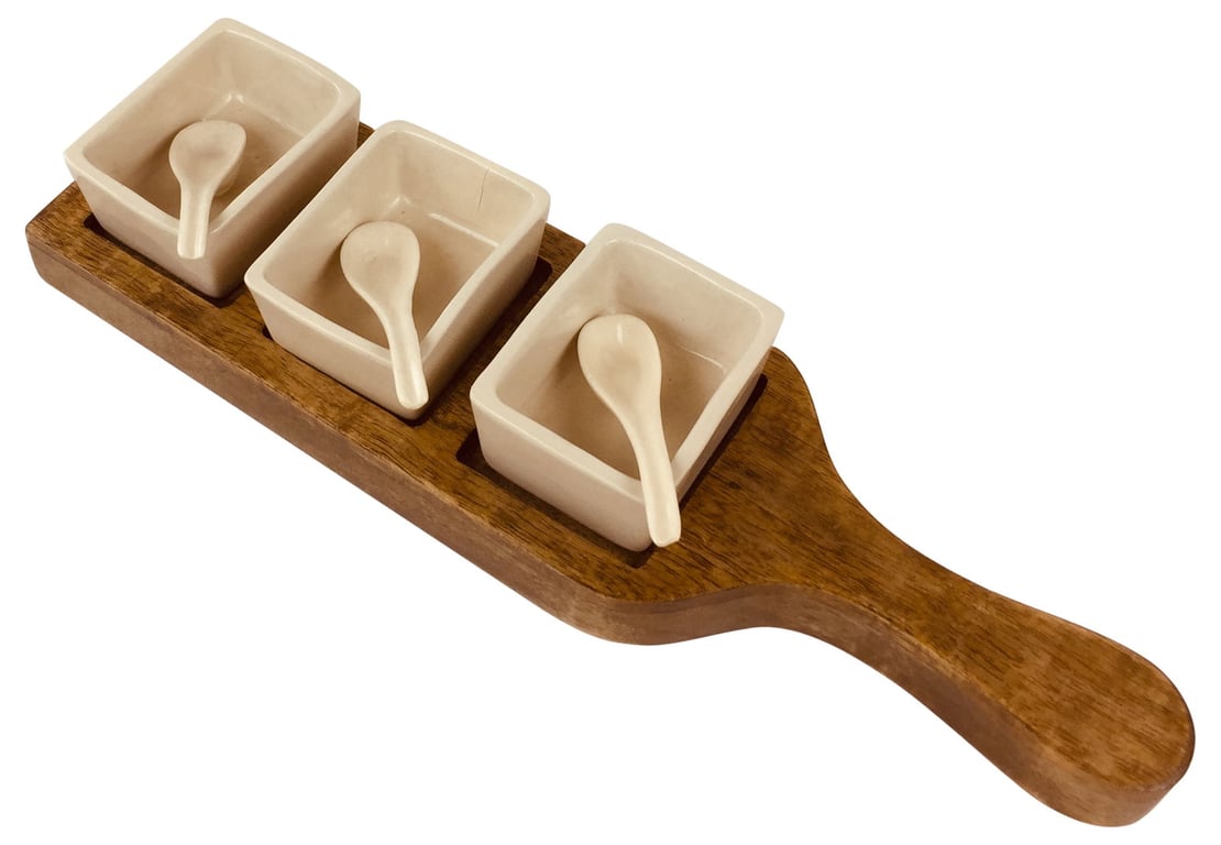 Mango Wood Wooden Serving Tray with Cream Ceramic Dip Bowls and Spoons