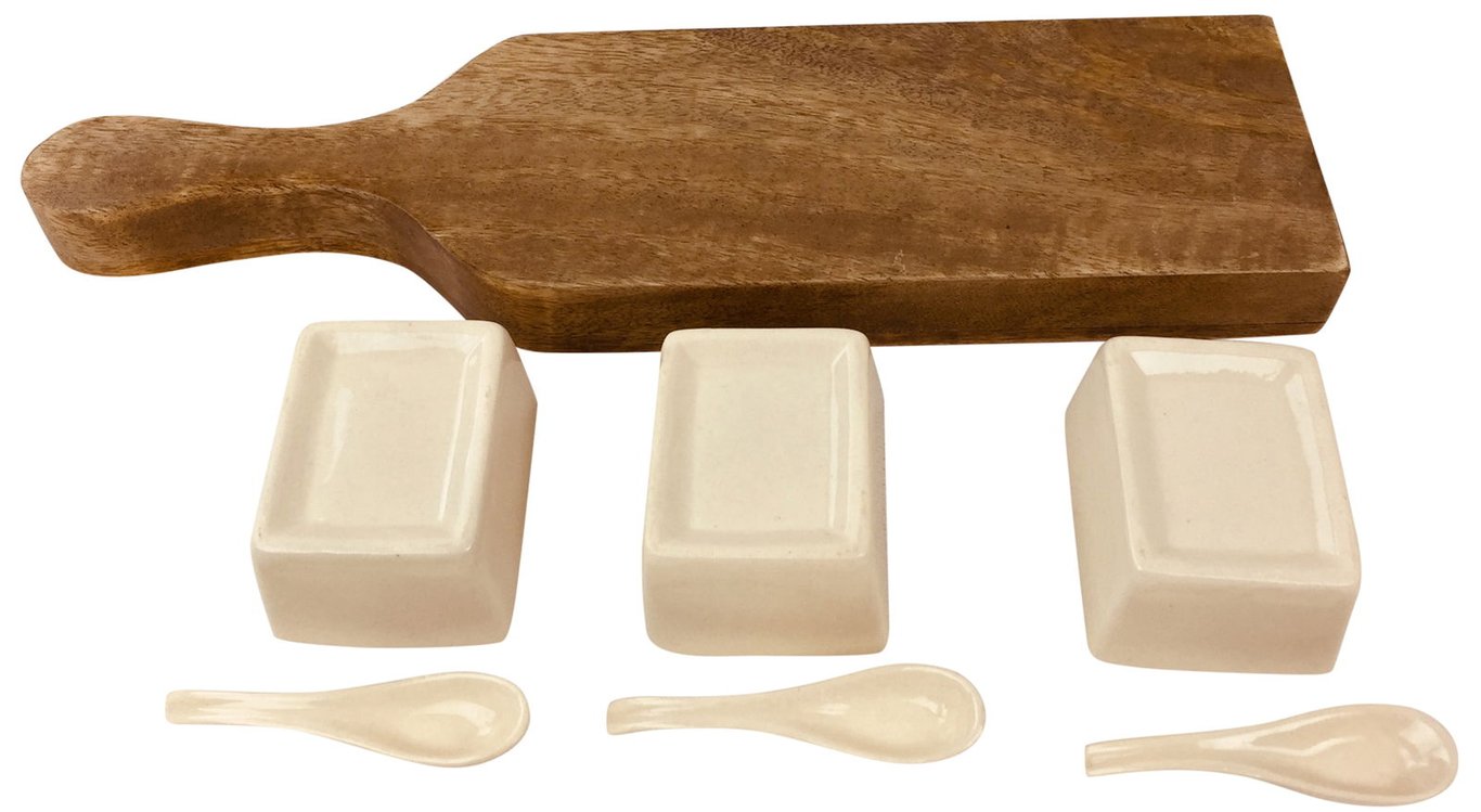 Mango Wood Wooden Serving Tray with Cream Ceramic Dip Bowls and Spoons