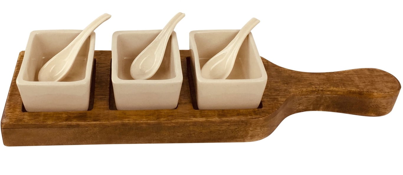 Mango Wood Wooden Serving Tray with Cream Ceramic Dip Bowls and Spoons
