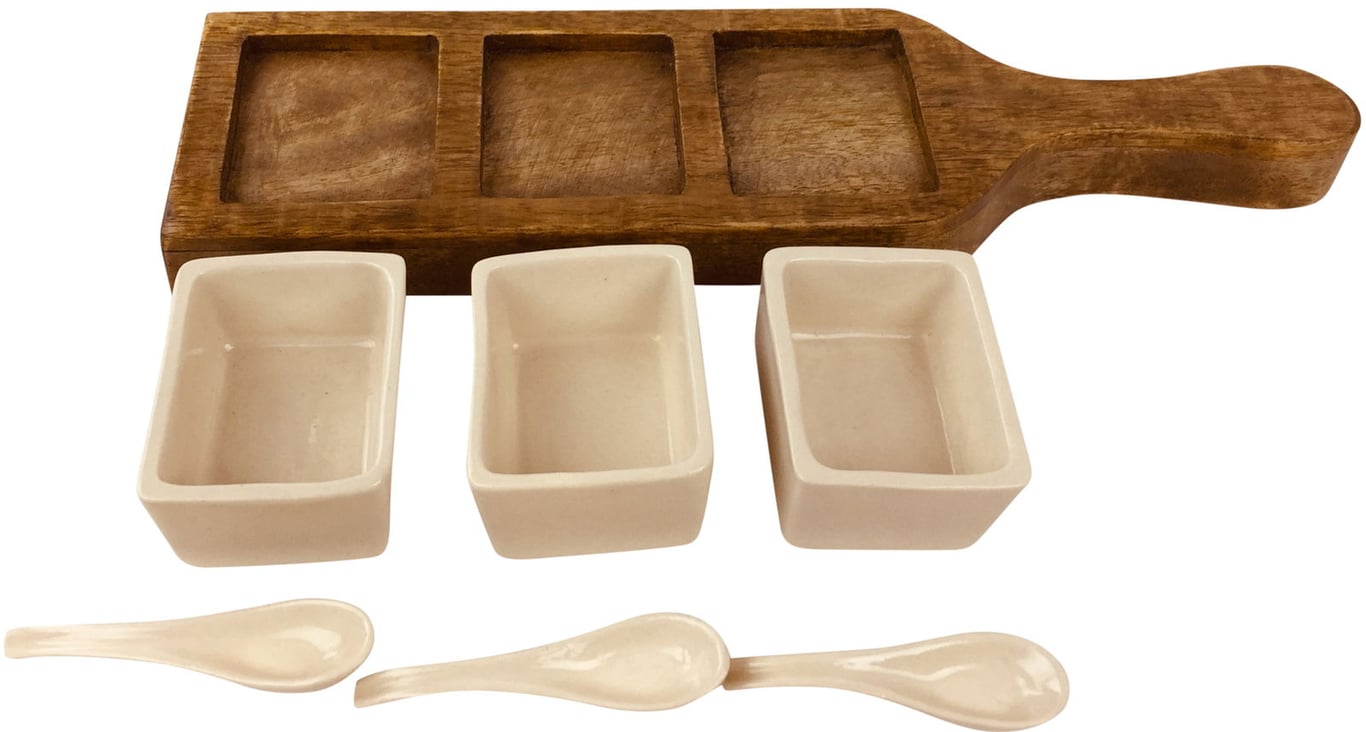 Mango Wood Wooden Serving Tray with Cream Ceramic Dip Bowls and Spoons