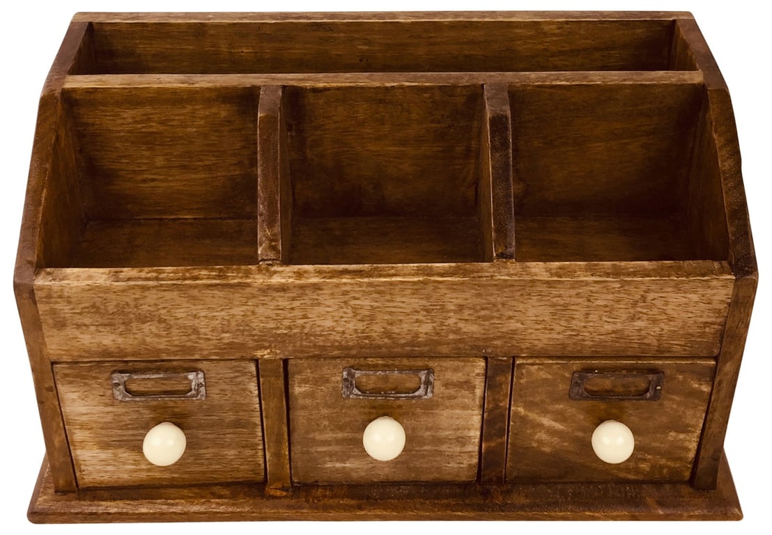 Rustic Desktop Organizer With Multiple Storage Compartments and Drawers - Mango Wood Construction