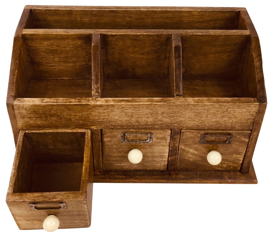 Rustic Desktop Organizer With Multiple Storage Compartments and Drawers - Mango Wood Construction
