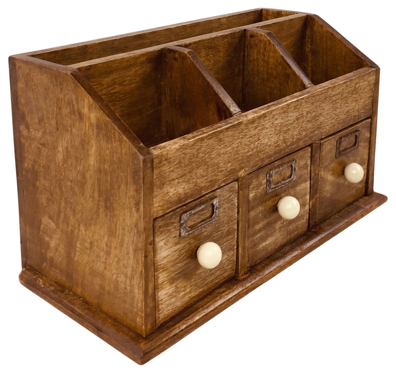Rustic Desktop Organizer With Multiple Storage Compartments and Drawers - Mango Wood Construction