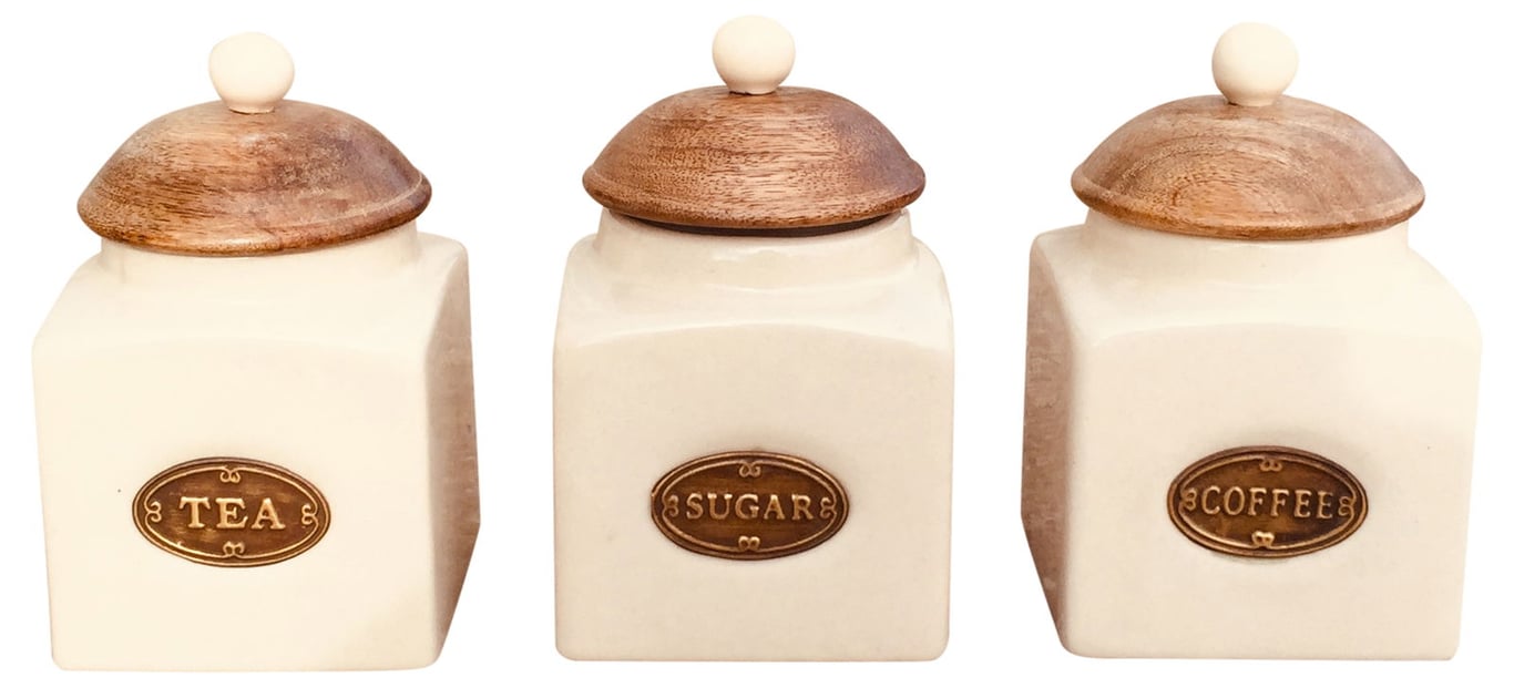 Ceramic Tea Coffee & Sugar Jars - Rustic Airtight Storage Set with Wooden Lid