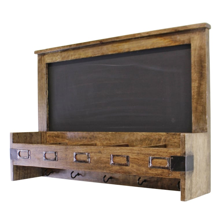 Mango Wood Blackboard with Storage and Key Hooks - Rustic Country Cottage Decor