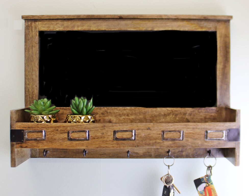 Mango Wood Blackboard with Storage and Key Hooks - Rustic Country Cottage Decor