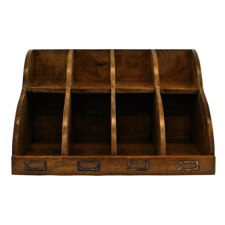 Mango Wood 8 Section Desktop Organizer - Rustic Home Decor Storage Unit with Label Slots