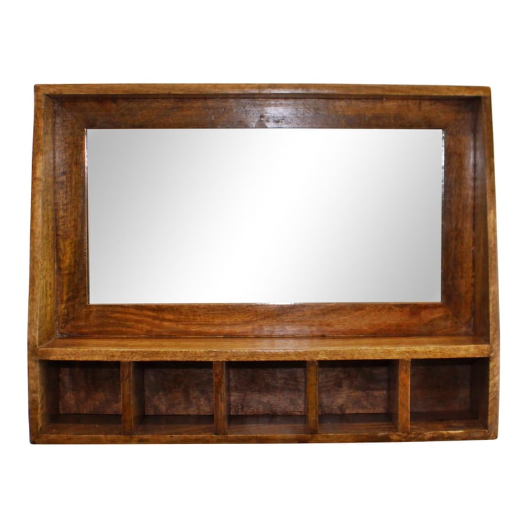Mango Wood Wall Shelf with Mirror & Storage Slots - Rustic Country Cottage Furniture