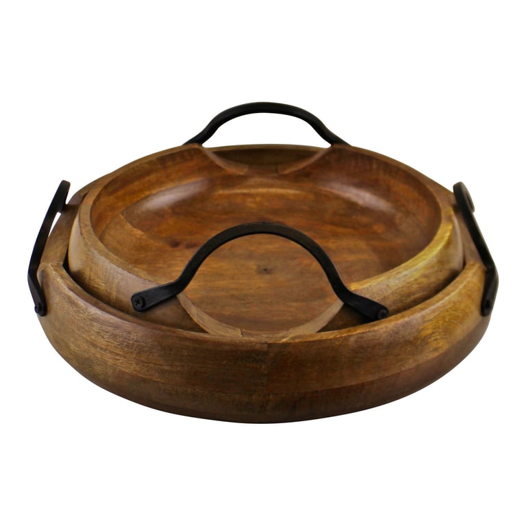 Mango Wood Bowls with Metal Handles - Solid Wooden Fruit & Storage Bowls