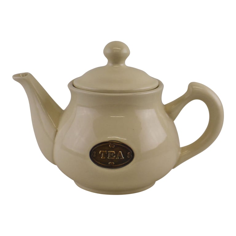 Country Cottage Cream Ceramic Teapot - 1000ml Rustic Design, Metal Label, Coordinating Home & Garden Decor