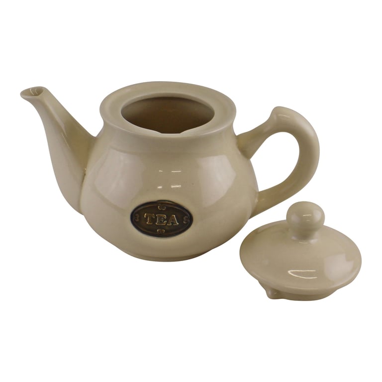 Country Cottage Cream Ceramic Teapot - 1000ml Rustic Design, Metal Label, Coordinating Home & Garden Decor