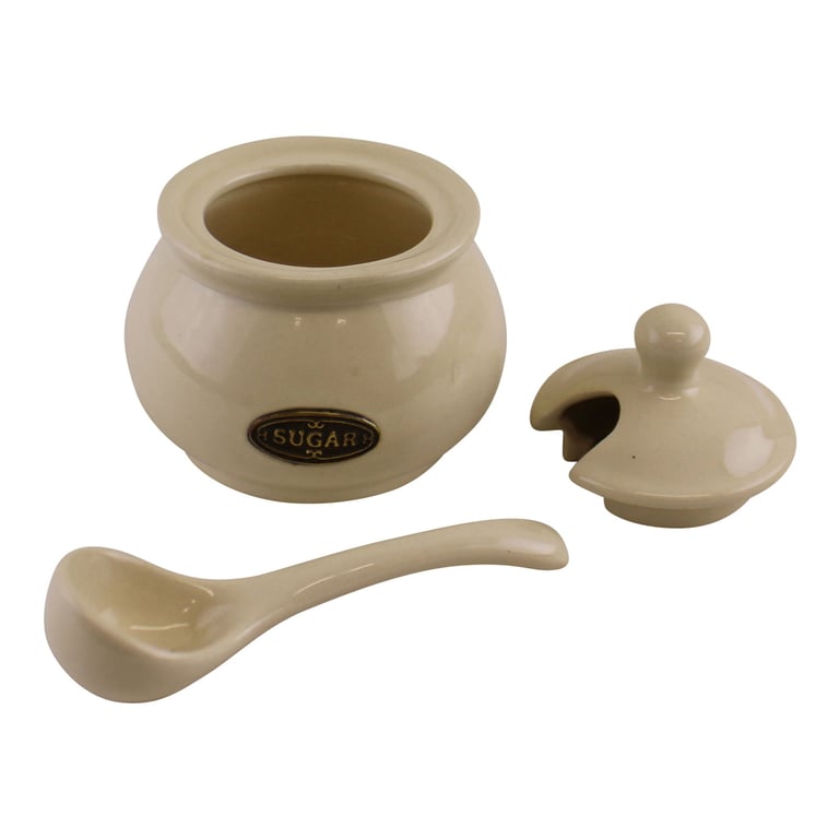 Country Cottage Cream Ceramic Sugar Bowl With Lid & Spoon - 9cm Capacity