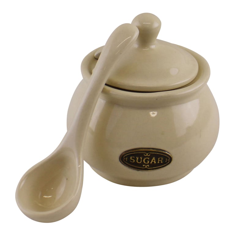 Country Cottage Cream Ceramic Sugar Bowl With Lid & Spoon - 9cm Capacity