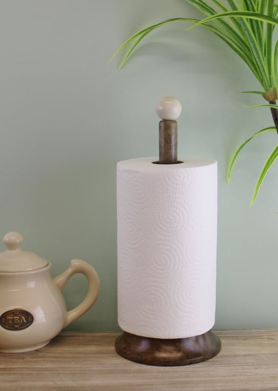 Country Cottage Wood & Ceramic Kitchen Roll Holder - Rustic Storage Solution