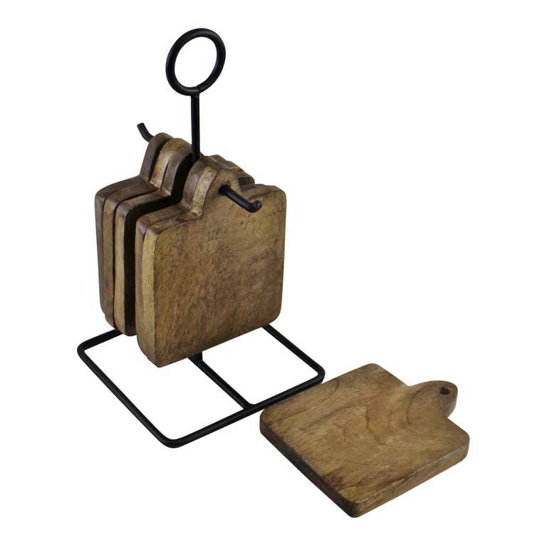 Mango Wood Coasters Set - 6 High Quality Wooden Coasters with Iron Base Stand