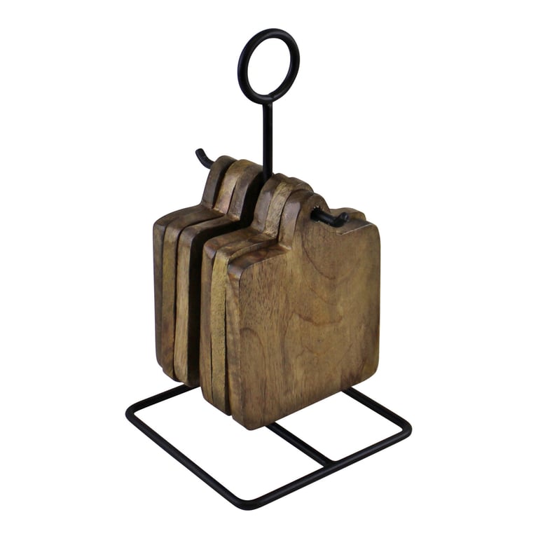 Mango Wood Coasters Set - 6 High Quality Wooden Coasters with Iron Base Stand