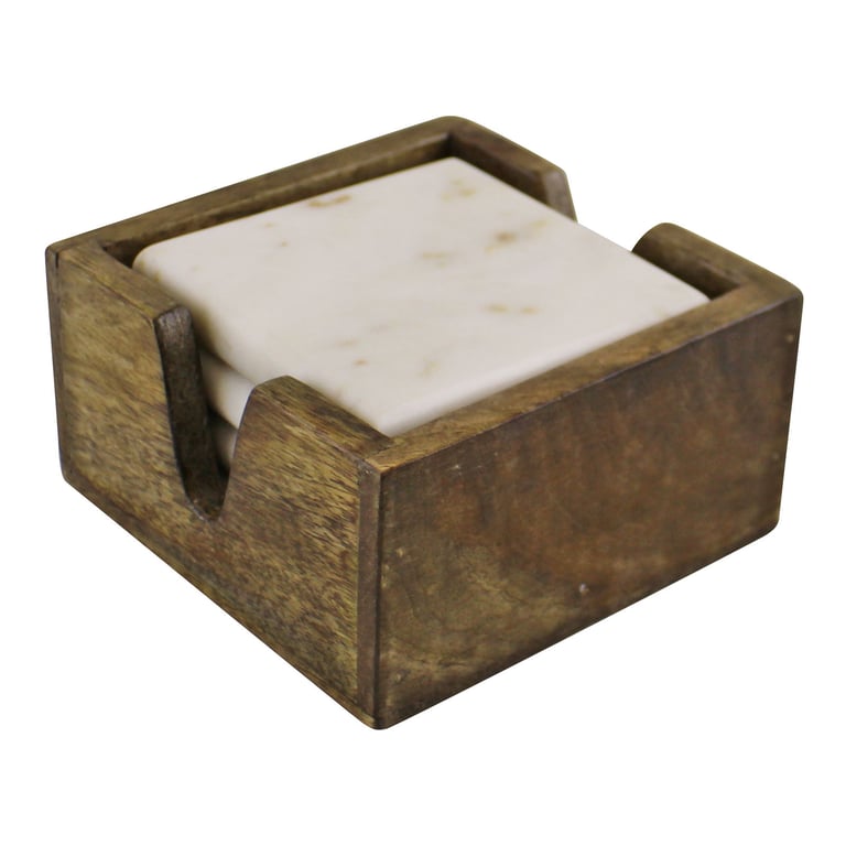 High Quality Marble Coasters Set with Mango Wood Holder - 4 Coasters, Solid Marble, Heavy Duty