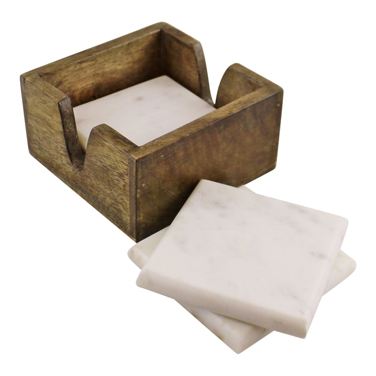 High Quality Marble Coasters Set with Mango Wood Holder - 4 Coasters, Solid Marble, Heavy Duty