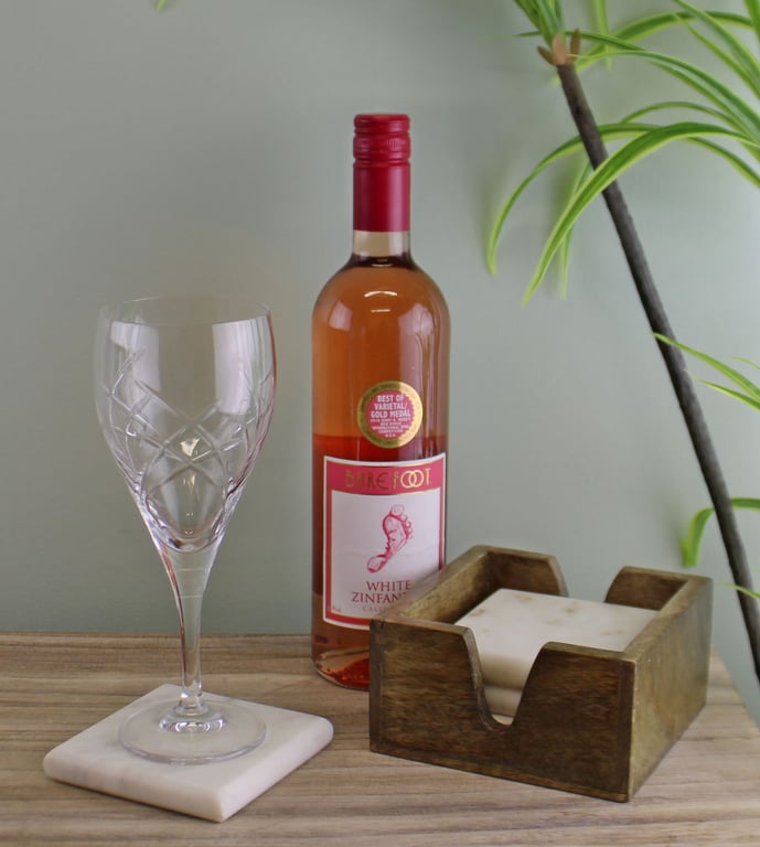 High Quality Marble Coasters Set with Mango Wood Holder - 4 Coasters, Solid Marble, Heavy Duty