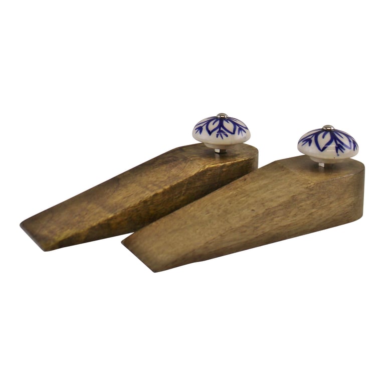 High Quality Mango Wood Door Wedges with Blue and White Ceramic Knobs