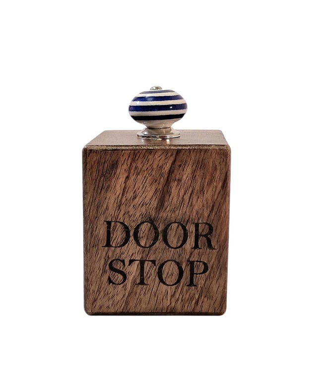 Mango Wood Doorstop with High-Quality Ceramic Knob and Engraved Design