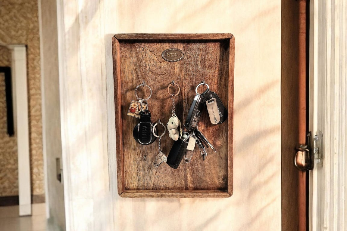 Mango Wood Key Holder - Rustic Wooden Storage Board for 8 Keys with Hand-Painted Ceramic Accents
