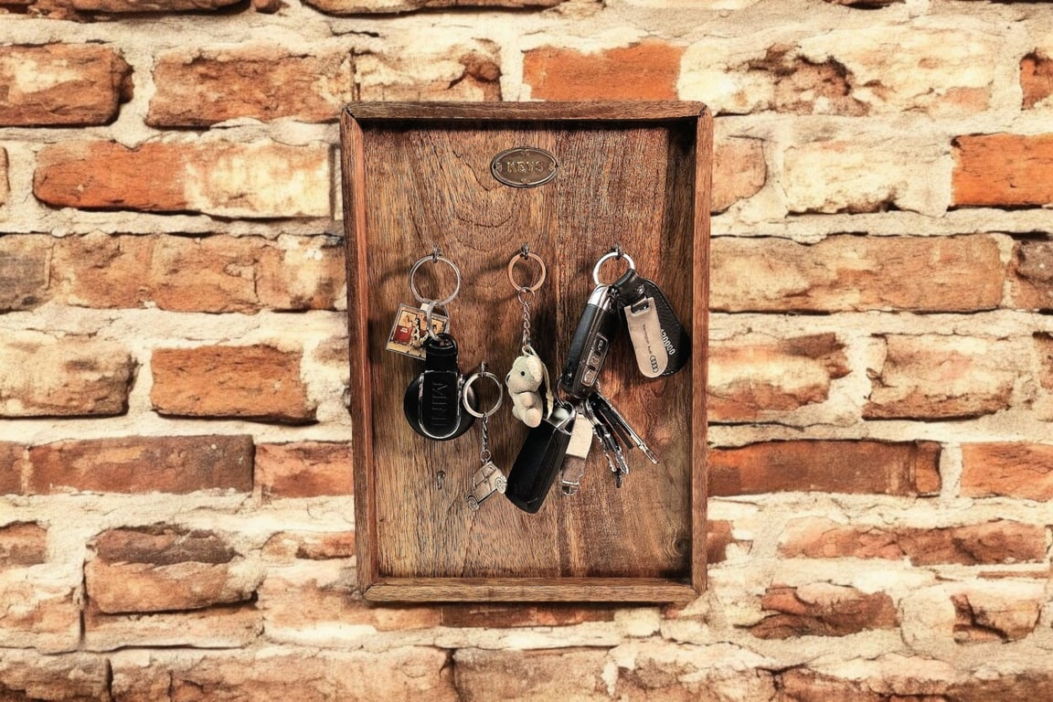 Mango Wood Key Holder - Rustic Wooden Storage Board for 8 Keys with Hand-Painted Ceramic Accents