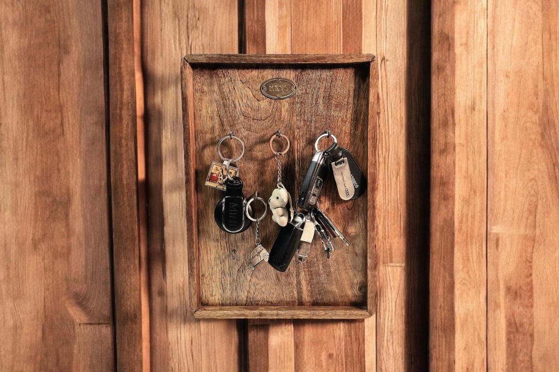Mango Wood Key Holder - Rustic Wooden Storage Board for 8 Keys with Hand-Painted Ceramic Accents