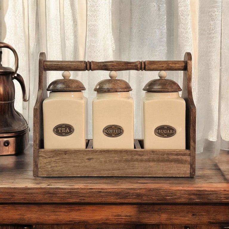 Mango Wood Rack with Hand-Painted Ceramic Tea, Coffee & Sugar Jars Set