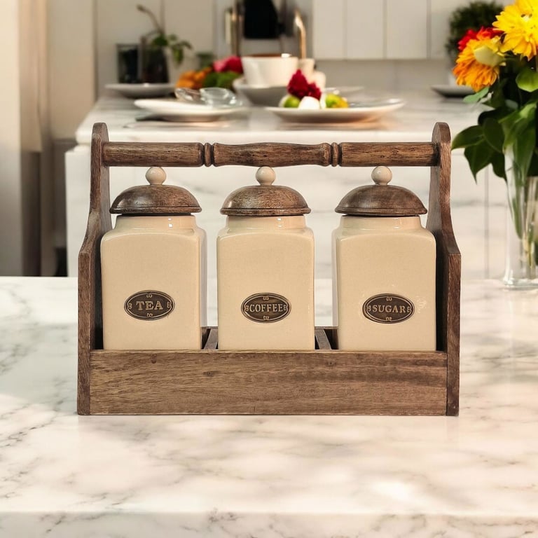 Mango Wood Rack with Hand-Painted Ceramic Tea, Coffee & Sugar Jars Set