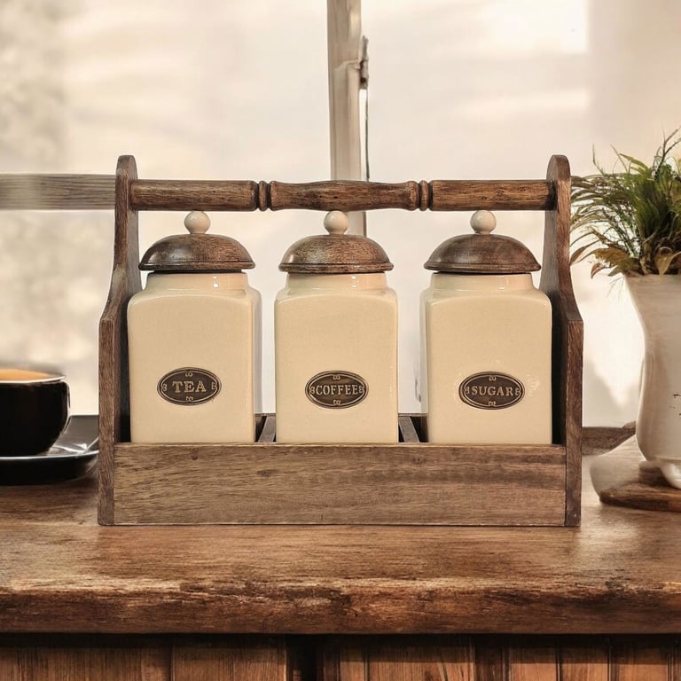 Mango Wood Rack with Hand-Painted Ceramic Tea, Coffee & Sugar Jars Set