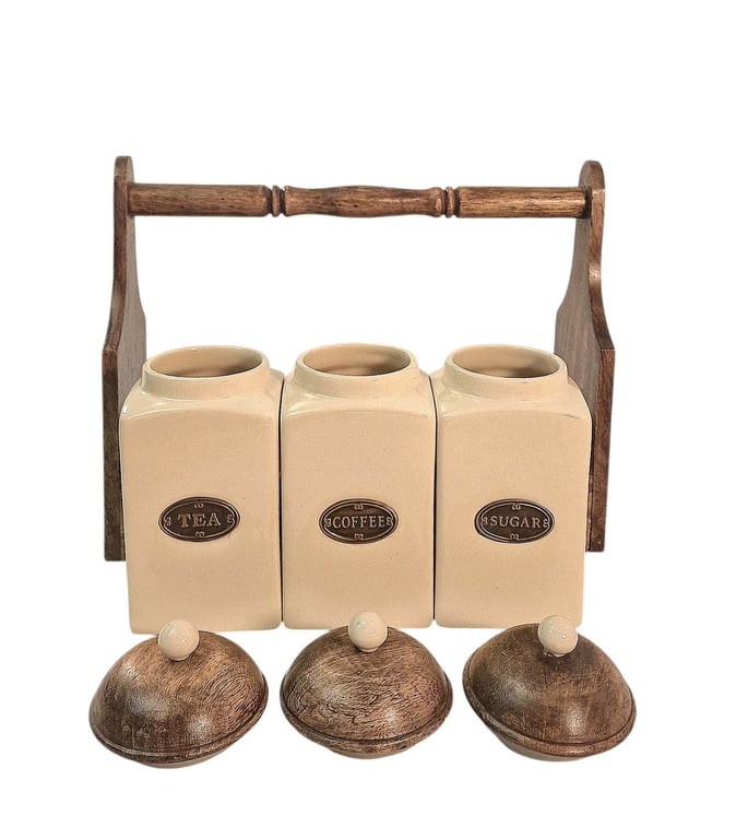 Mango Wood Rack with Hand-Painted Ceramic Tea, Coffee & Sugar Jars Set