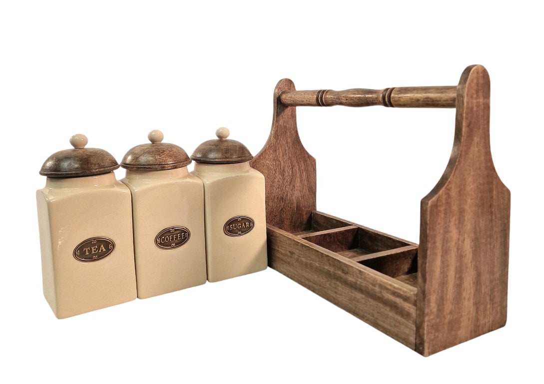 Mango Wood Rack with Hand-Painted Ceramic Tea, Coffee & Sugar Jars Set