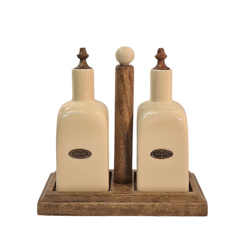 Ceramic Oil and Vinegar Bottle Set & Mango Wood Holder - Rustic Cottage Style Decor