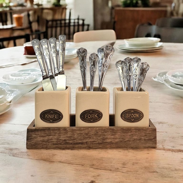 Mango Wood Ceramic Knife Fork Spoon Holder Set - Handcrafted Kitchenware
