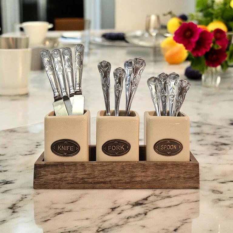 Mango Wood Ceramic Knife Fork Spoon Holder Set - Handcrafted Kitchenware