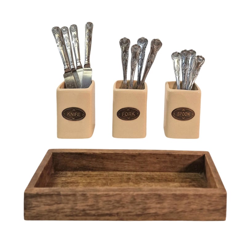 Mango Wood Ceramic Knife Fork Spoon Holder Set - Handcrafted Kitchenware