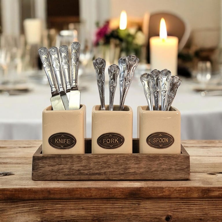 Mango Wood Ceramic Knife Fork Spoon Holder Set - Handcrafted Kitchenware