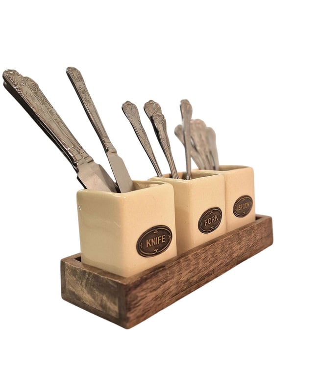 Mango Wood Ceramic Knife Fork Spoon Holder Set - Handcrafted Kitchenware