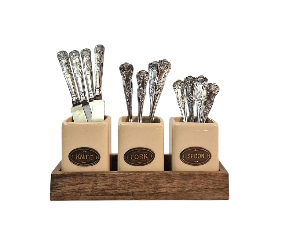 Mango Wood Ceramic Knife Fork Spoon Holder Set - Handcrafted Kitchenware