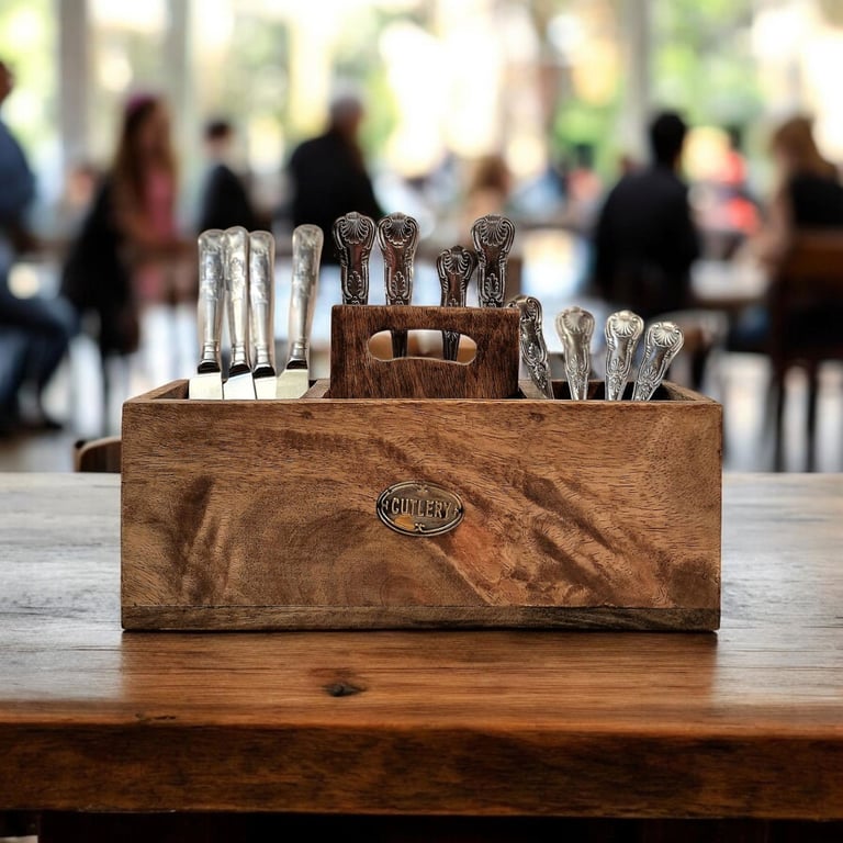 Mango Wood Cutlery Stand with Handle - Handcrafted Wooden Kitchen Organizer