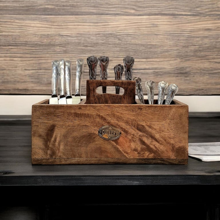 Mango Wood Cutlery Stand with Handle - Handcrafted Wooden Kitchen Organizer