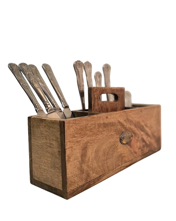 Mango Wood Cutlery Stand with Handle - Handcrafted Wooden Kitchen Organizer