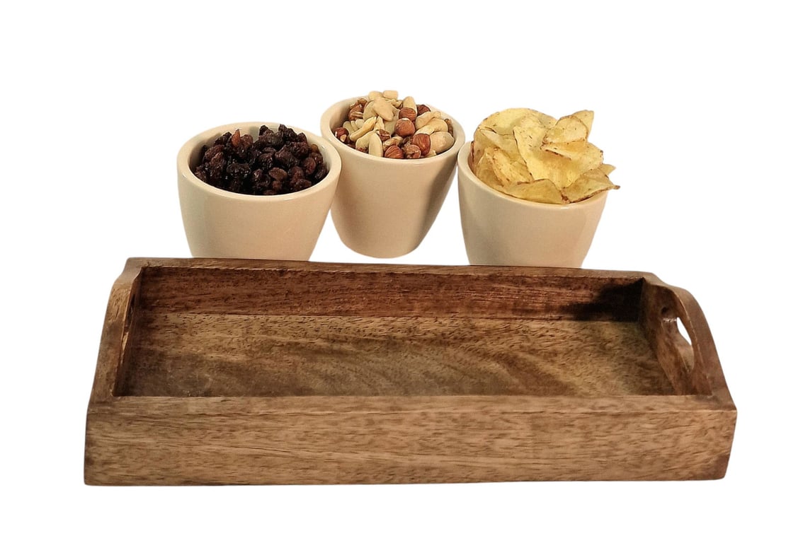 Country Cottage Collection - 3 Handcrafted Ceramic Snack Bowls with Mango Wood Tray
