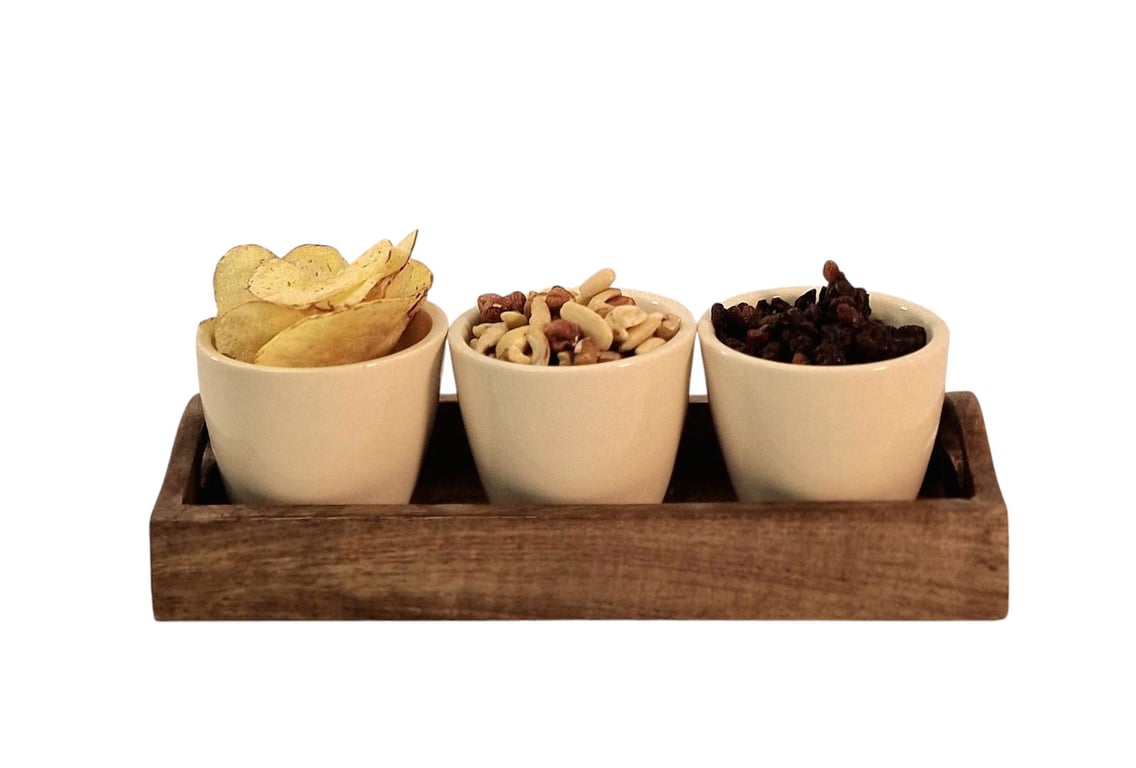 Country Cottage Collection - 3 Handcrafted Ceramic Snack Bowls with Mango Wood Tray